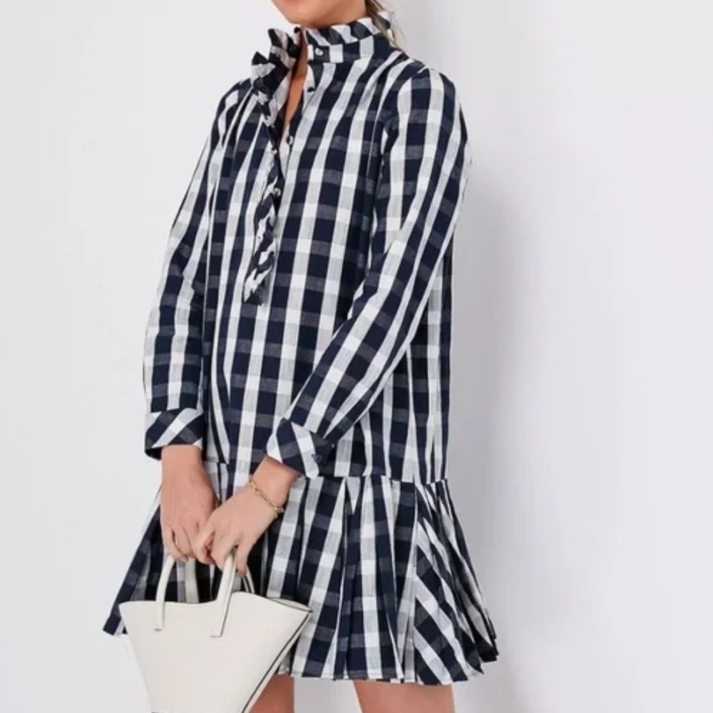 Tuckernuck Navy and White Gingham Ruffle Neck Dress